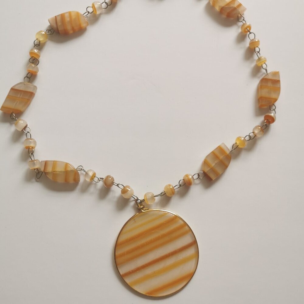 Vintage Sun Pendant Golden Orange Carved Necklace Etched Aztec Sundial Beaded
